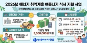 강원특별자치도 내 에너지 취약계층의 삶의 질 향상과 결식 예방을 위해 여름철 식사 지원을 제공하고 지역사회 복지 증진에 기여하기 위한 사업이다.