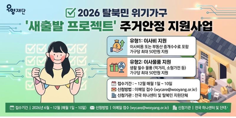 탈북민 위기가구의 주거 안정과 일상 회복을 지원하기 위해 이사 과정에서 발생하는 경제적 부담을 완화하고, 새로운 거주지에서 안정적으로 정착할 수 있도록 지원하는 사업이다.