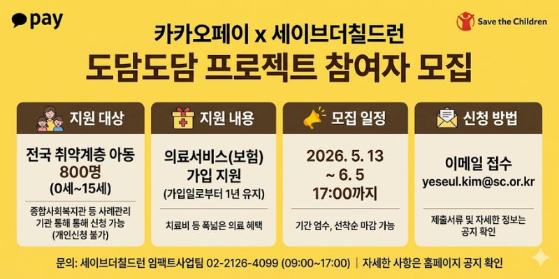 취약계층 아동이 안전하고 안정적인 양육 환경 속에서 건강하게 성장할 수 있도록 의료서비스(보험) 지원을 제공하는 사업이다.