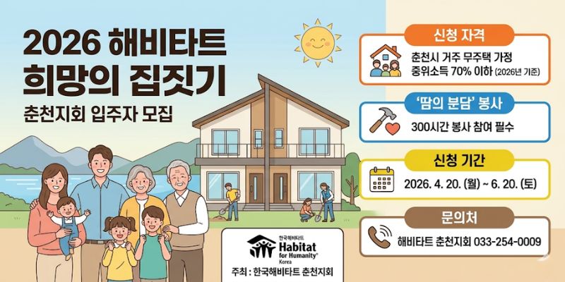 춘천시 무주택 가정의 안정적인 주거 마련을 위해 해비타트 주택 입주 기회를 지원한다.