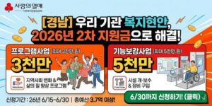 경남도내 사회복지 법인·기관·단체 및 시설이 기관 또는 지역사회의 긴급한 문제 해결과 복지이슈 대응을 위한 프로그램사업 또는 기능보강사업을 추진할 수 있도록 지원하는 사업이다.