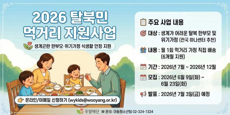 생계가 어려운 탈북 한부모가정 및 위기가정의 식생활 안정을 지원하고, 지속적인 먹거리 제공을 통해 건강한 가정생활 유지와 아동의 결식 예방을 돕는 사업이다.