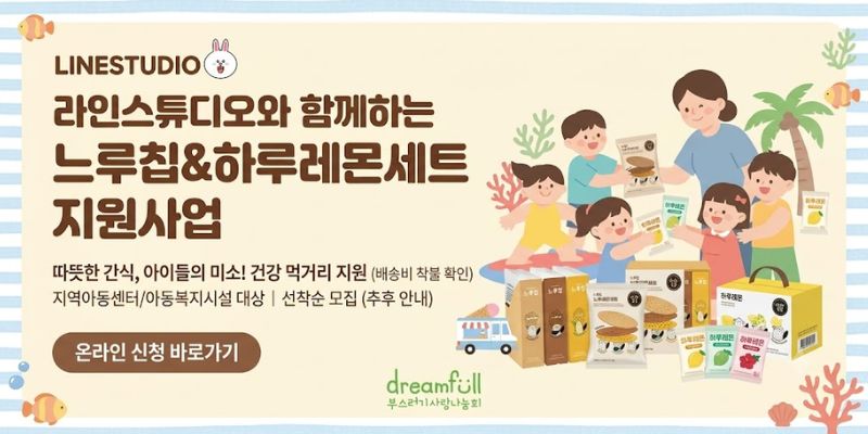 전국 지역아동센터와 아동복지시설 이용 아동에게 느루칩과 하루레몬세트를 지원하여 건강한 간식과 먹거리를 제공하고 아동복지 현장의 돌봄을 지원하는 사업이다.